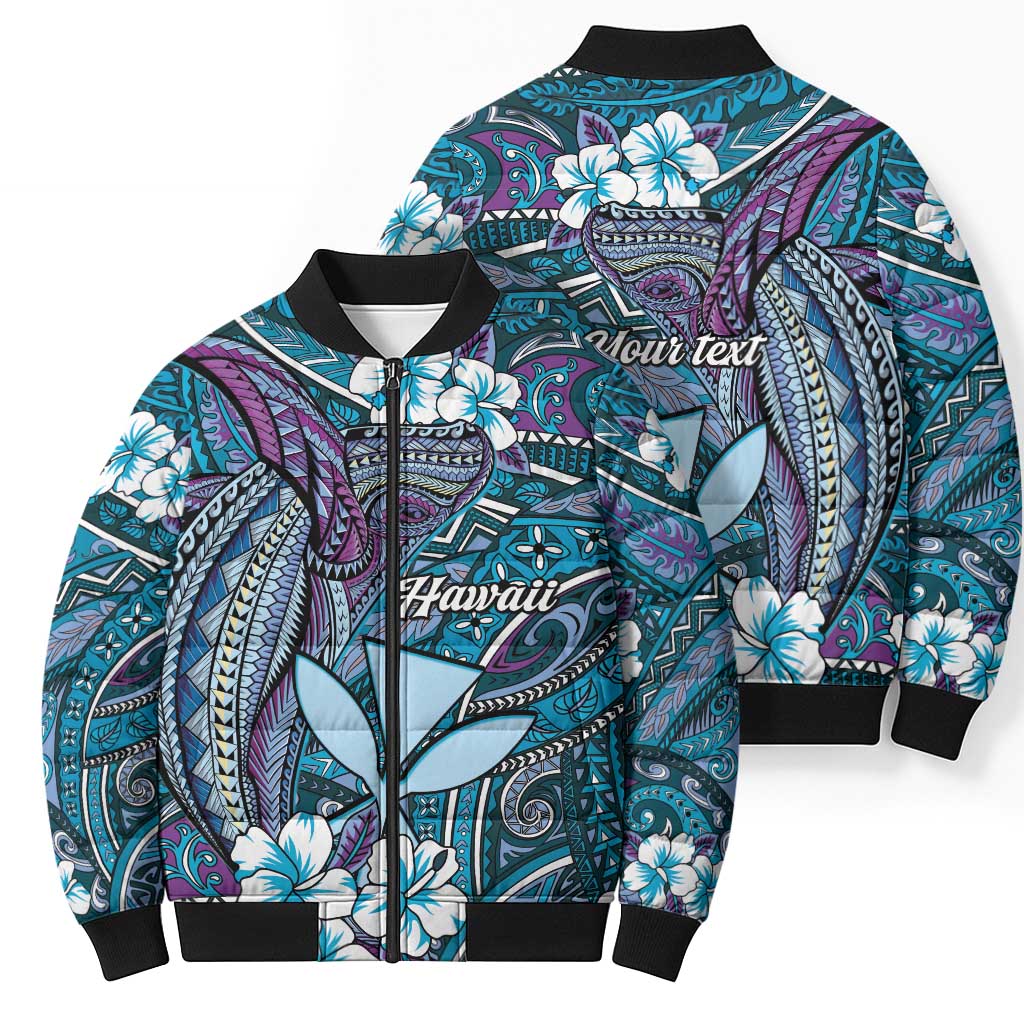 Personalised Hawaii Tribal Humpback Whale Bomber Puffer Jacket Polu Hibiscus Seamless Pattern