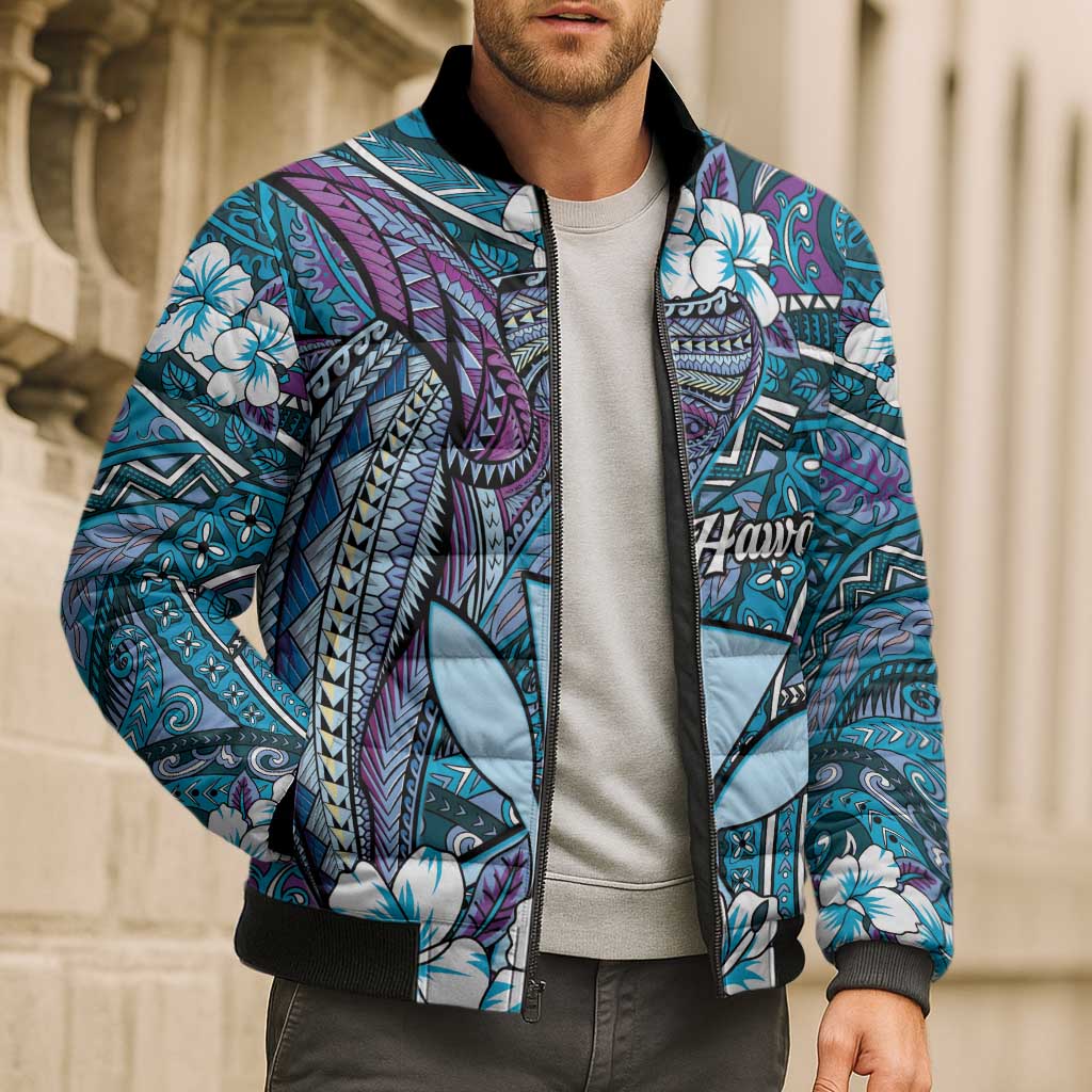 Personalised Hawaii Tribal Humpback Whale Bomber Puffer Jacket Polu Hibiscus Seamless Pattern