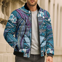 Personalised Hawaii Tribal Humpback Whale Bomber Puffer Jacket Polu Hibiscus Seamless Pattern