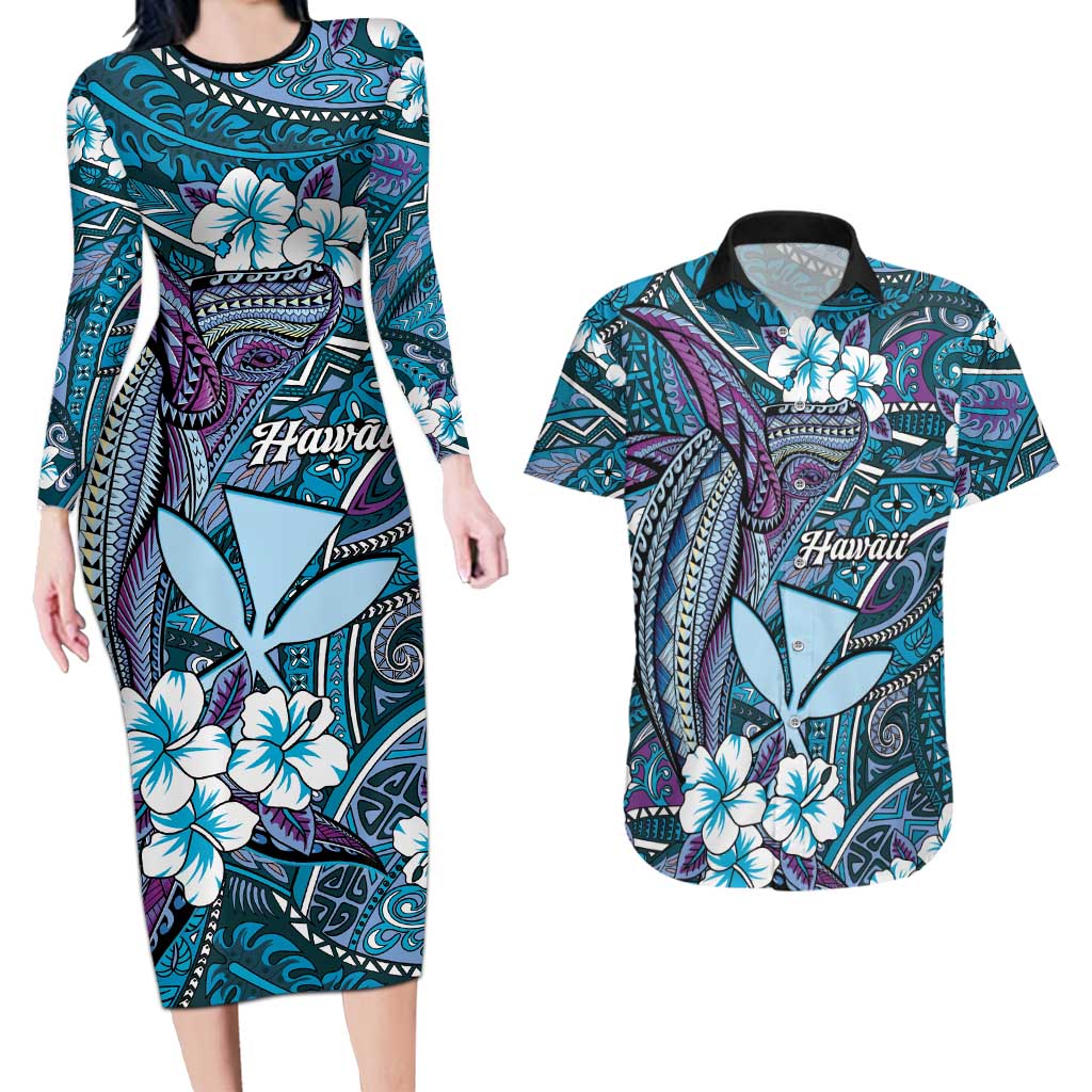Personalised Hawaii Tribal Humpback Whale Couples Matching Long Sleeve Bodycon Dress and Hawaiian Shirt Polu Hibiscus Seamless Pattern