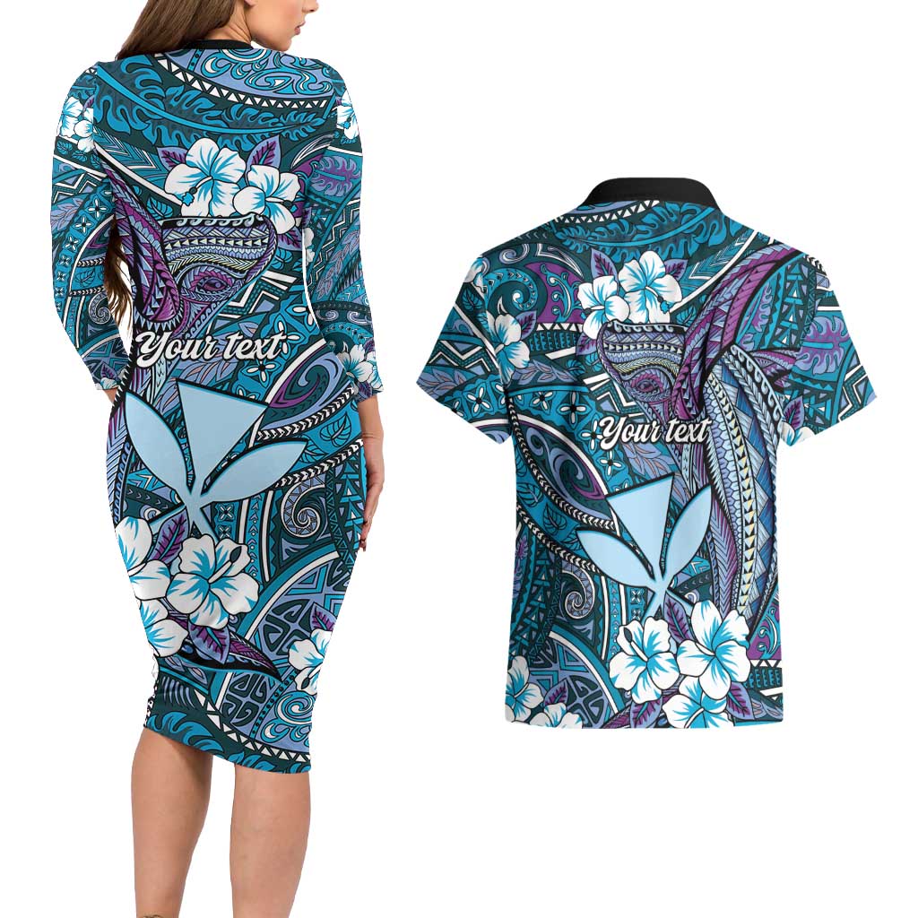 Personalised Hawaii Tribal Humpback Whale Couples Matching Long Sleeve Bodycon Dress and Hawaiian Shirt Polu Hibiscus Seamless Pattern