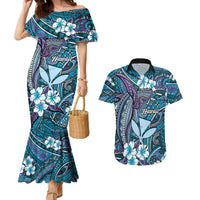 Personalised Hawaii Tribal Humpback Whale Couples Matching Mermaid Dress and Hawaiian Shirt Polu Hibiscus Seamless Pattern
