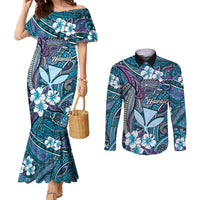 Personalised Hawaii Tribal Humpback Whale Couples Matching Mermaid Dress and Long Sleeve Button Shirt Polu Hibiscus Seamless Pattern