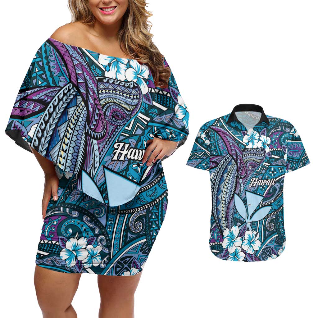 Personalised Hawaii Tribal Humpback Whale Couples Matching Off Shoulder Short Dress and Hawaiian Shirt Polu Hibiscus Seamless Pattern