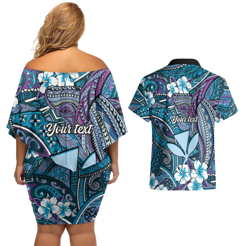Personalised Hawaii Tribal Humpback Whale Couples Matching Off Shoulder Short Dress and Hawaiian Shirt Polu Hibiscus Seamless Pattern
