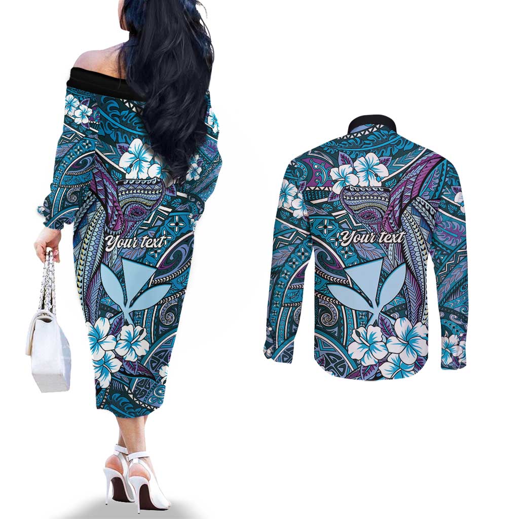 Personalised Hawaii Tribal Humpback Whale Couples Matching Off The Shoulder Long Sleeve Dress and Long Sleeve Button Shirt Polu Hibiscus Seamless Pattern