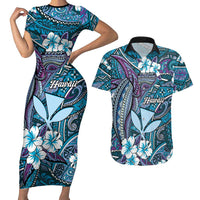 Personalised Hawaii Tribal Humpback Whale Couples Matching Short Sleeve Bodycon Dress and Hawaiian Shirt Polu Hibiscus Seamless Pattern