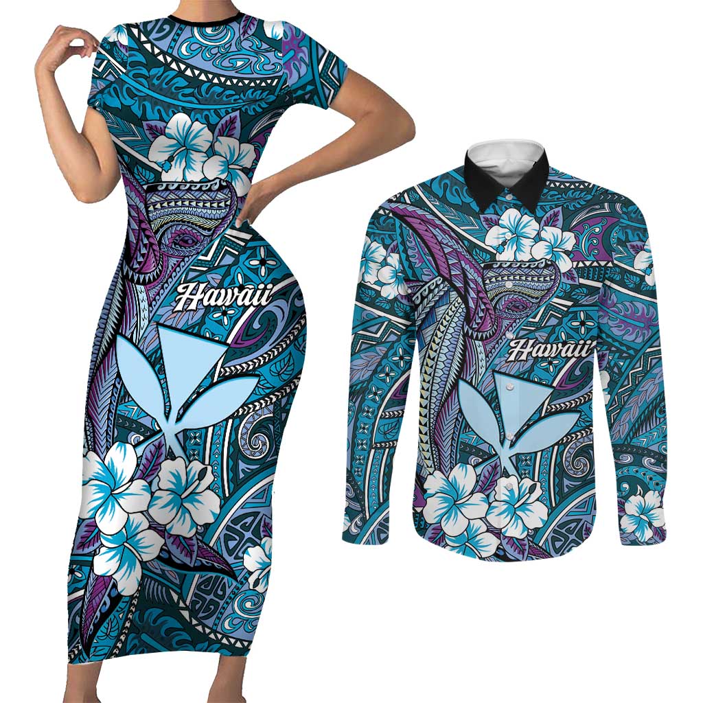 Personalised Hawaii Tribal Humpback Whale Couples Matching Short Sleeve Bodycon Dress and Long Sleeve Button Shirt Polu Hibiscus Seamless Pattern