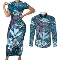 Personalised Hawaii Tribal Humpback Whale Couples Matching Short Sleeve Bodycon Dress and Long Sleeve Button Shirt Polu Hibiscus Seamless Pattern