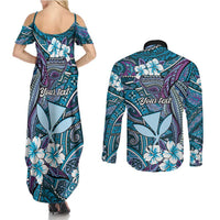 Personalised Hawaii Tribal Humpback Whale Couples Matching Summer Maxi Dress and Long Sleeve Button Shirt Polu Hibiscus Seamless Pattern LT9 - Polynesian Pride