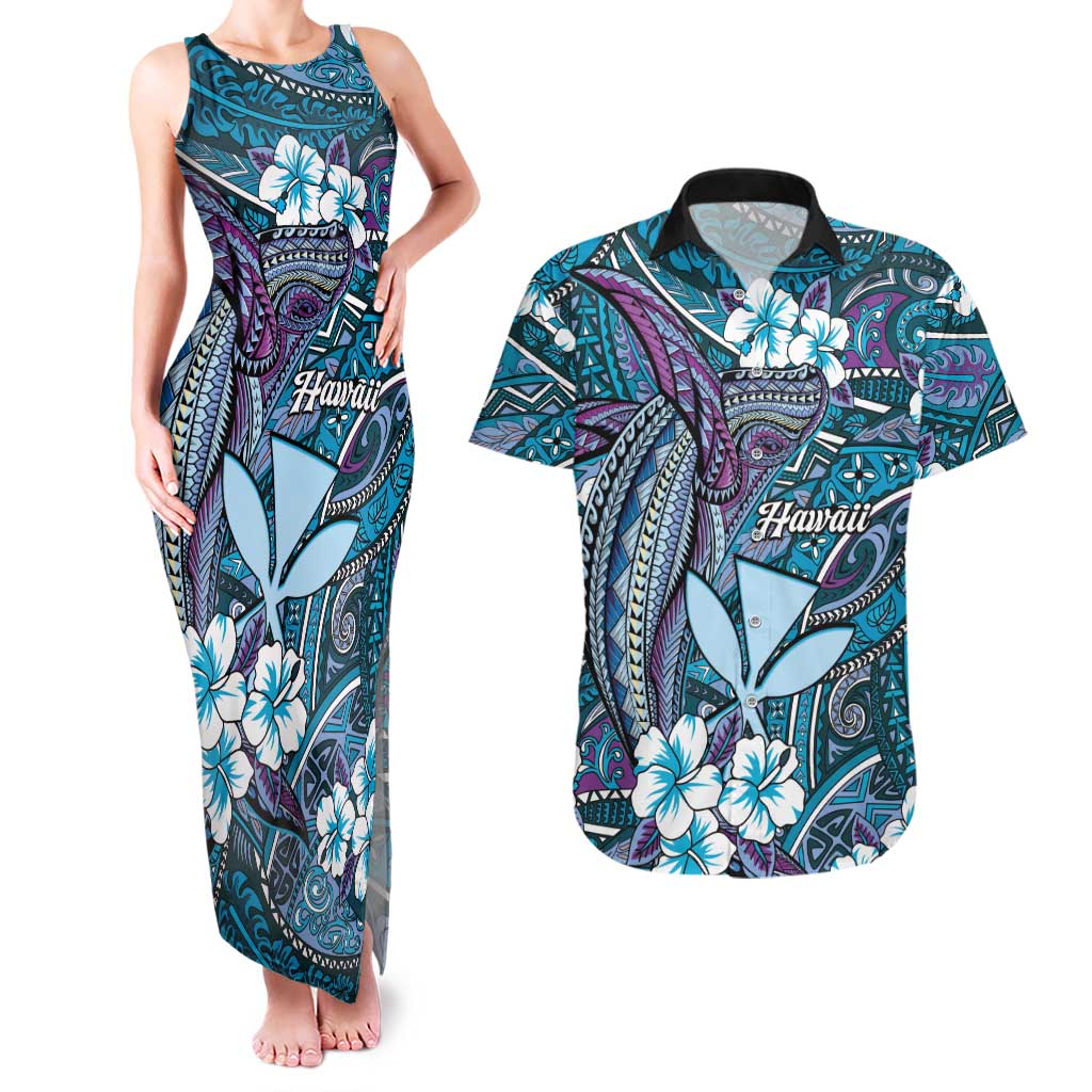 Personalised Hawaii Tribal Humpback Whale Couples Matching Tank Maxi Dress and Hawaiian Shirt Polu Hibiscus Seamless Pattern
