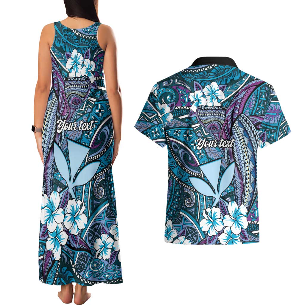 Personalised Hawaii Tribal Humpback Whale Couples Matching Tank Maxi Dress and Hawaiian Shirt Polu Hibiscus Seamless Pattern