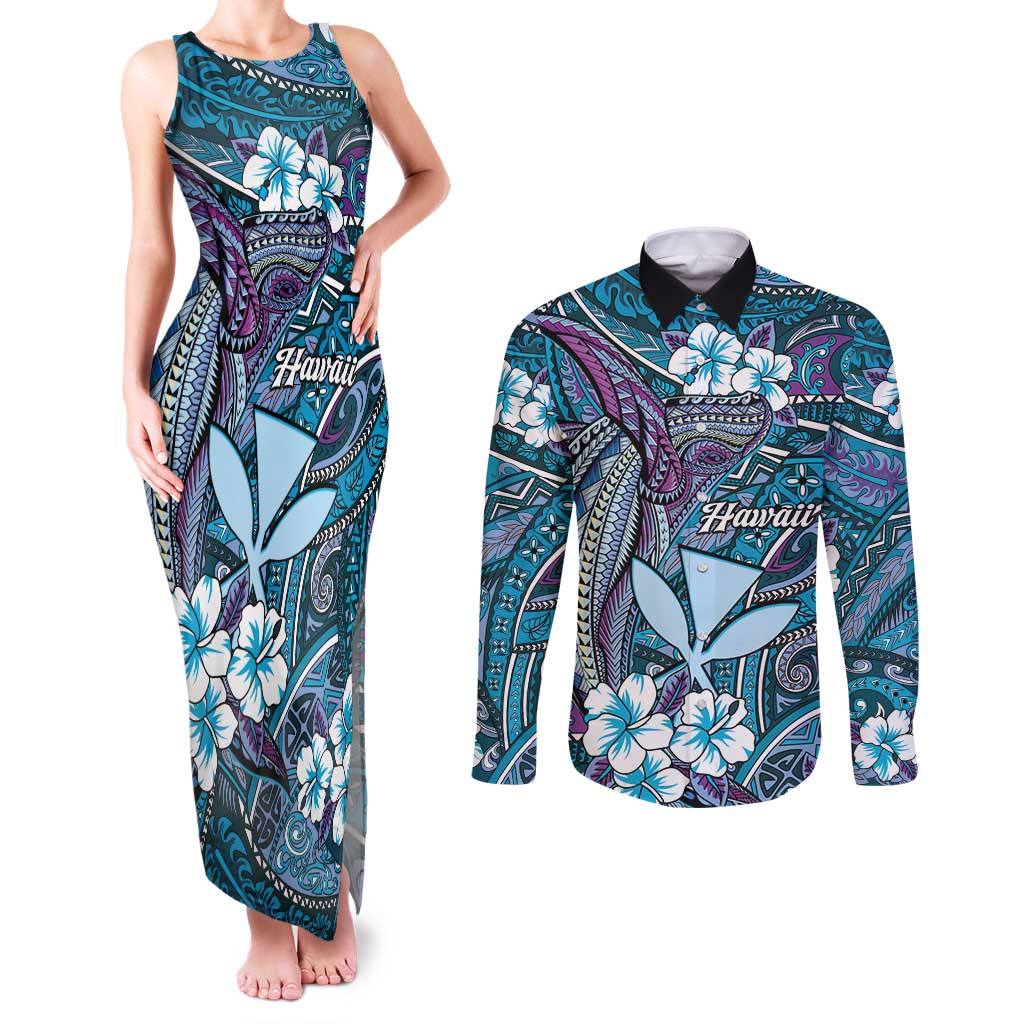 Personalised Hawaii Tribal Humpback Whale Couples Matching Tank Maxi Dress and Long Sleeve Button Shirt Polu Hibiscus Seamless Pattern