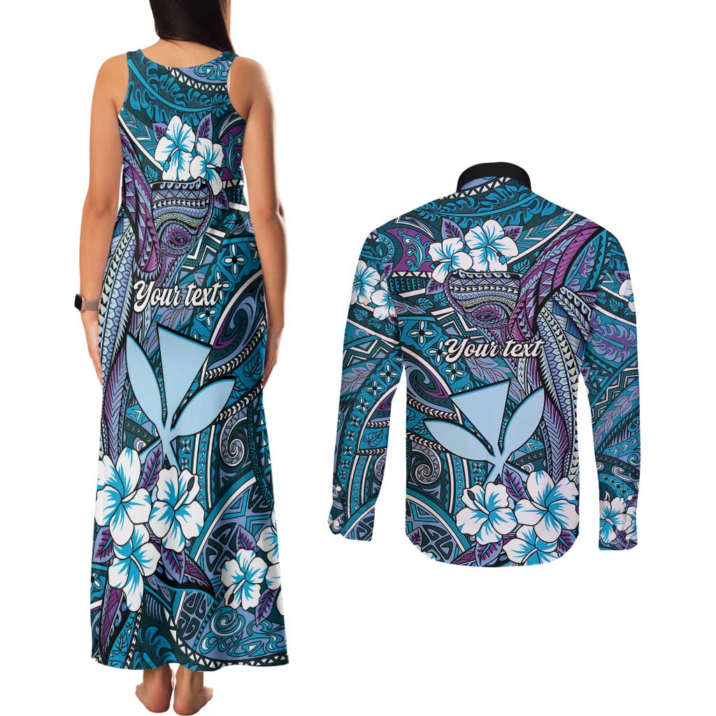 Personalised Hawaii Tribal Humpback Whale Couples Matching Tank Maxi Dress and Long Sleeve Button Shirt Polu Hibiscus Seamless Pattern