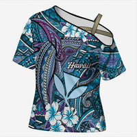 Personalised Hawaii Tribal Humpback Whale Cross Shoulder Shirt Polu Hibiscus Seamless Pattern LT9 Female Blue - Polynesian Pride