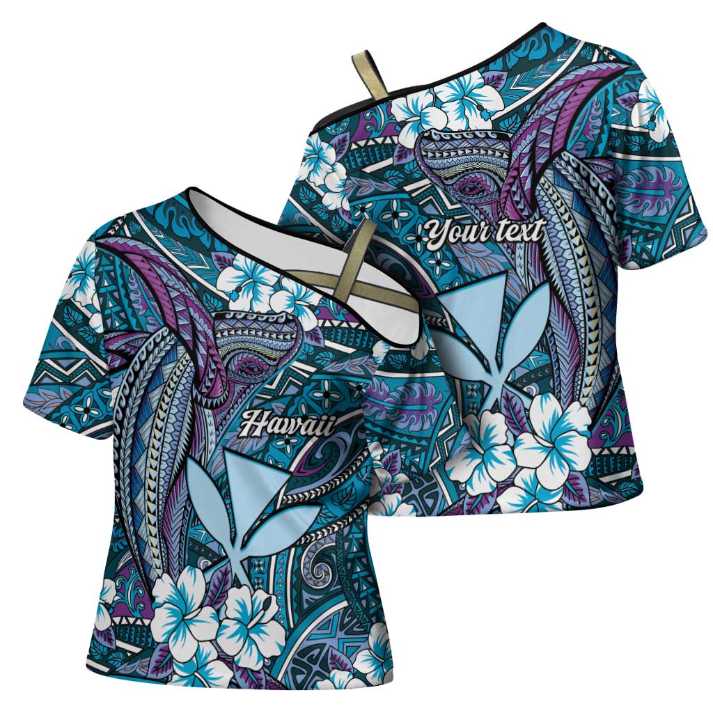 Personalised Hawaii Tribal Humpback Whale Cross Shoulder Shirt Polu Hibiscus Seamless Pattern LT9 - Polynesian Pride