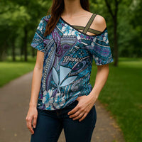 Personalised Hawaii Tribal Humpback Whale Cross Shoulder Shirt Polu Hibiscus Seamless Pattern LT9 - Polynesian Pride