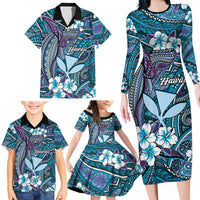 Personalised Hawaii Tribal Humpback Whale Family Matching Long Sleeve Bodycon Dress and Hawaiian Shirt Polu Hibiscus Seamless Pattern