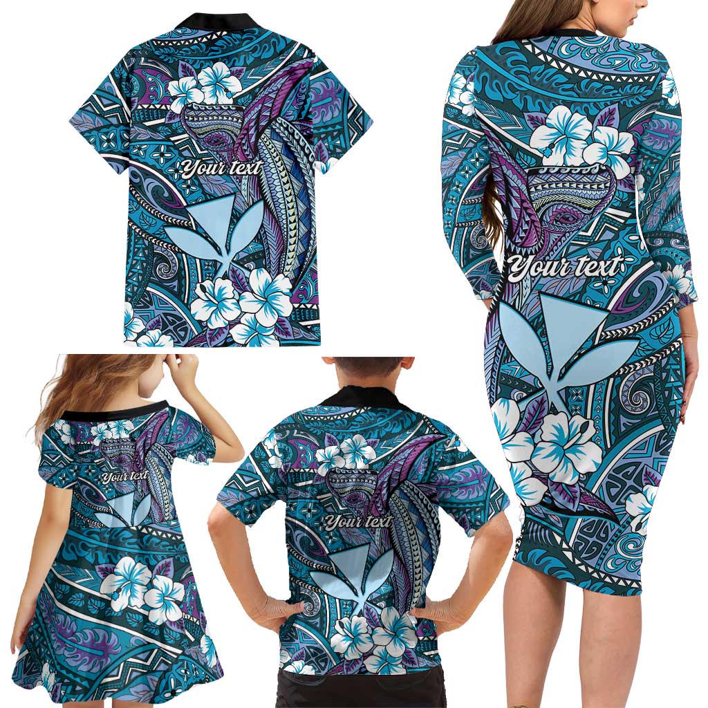 Personalised Hawaii Tribal Humpback Whale Family Matching Long Sleeve Bodycon Dress and Hawaiian Shirt Polu Hibiscus Seamless Pattern