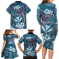 Personalised Hawaii Tribal Humpback Whale Family Matching Long Sleeve Bodycon Dress and Hawaiian Shirt Polu Hibiscus Seamless Pattern