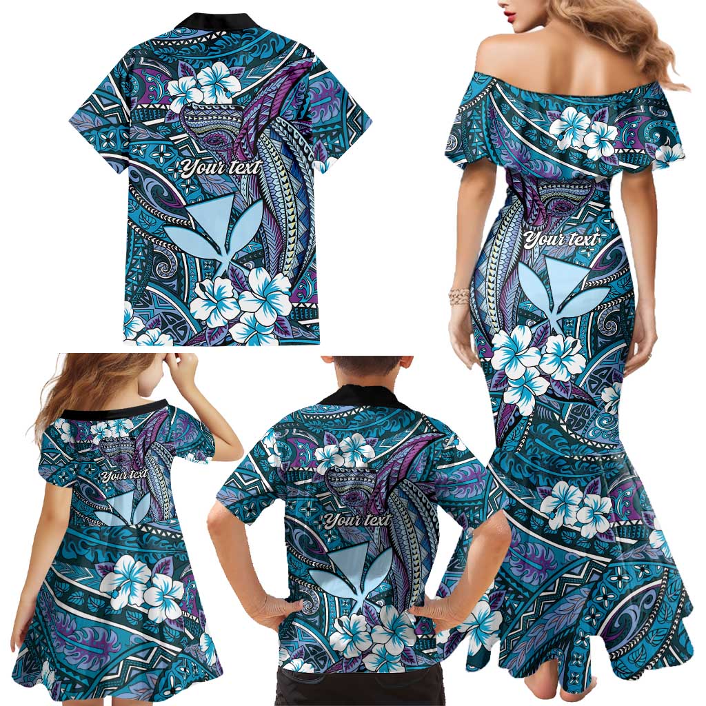 Personalised Hawaii Tribal Humpback Whale Family Matching Mermaid Dress and Hawaiian Shirt Polu Hibiscus Seamless Pattern