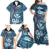 Personalised Hawaii Tribal Humpback Whale Family Matching Off Shoulder Maxi Dress and Hawaiian Shirt Polu Hibiscus Seamless Pattern