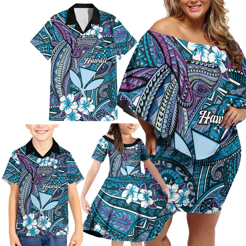 Personalised Hawaii Tribal Humpback Whale Family Matching Off Shoulder Short Dress and Hawaiian Shirt Polu Hibiscus Seamless Pattern