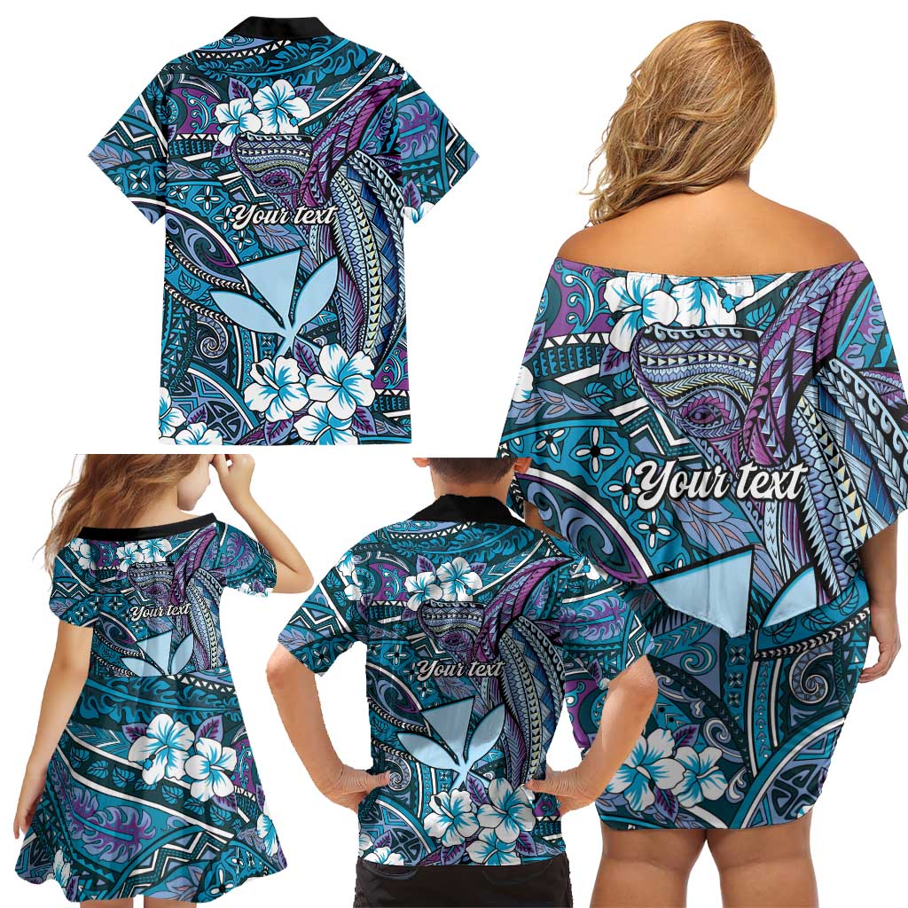 Personalised Hawaii Tribal Humpback Whale Family Matching Off Shoulder Short Dress and Hawaiian Shirt Polu Hibiscus Seamless Pattern