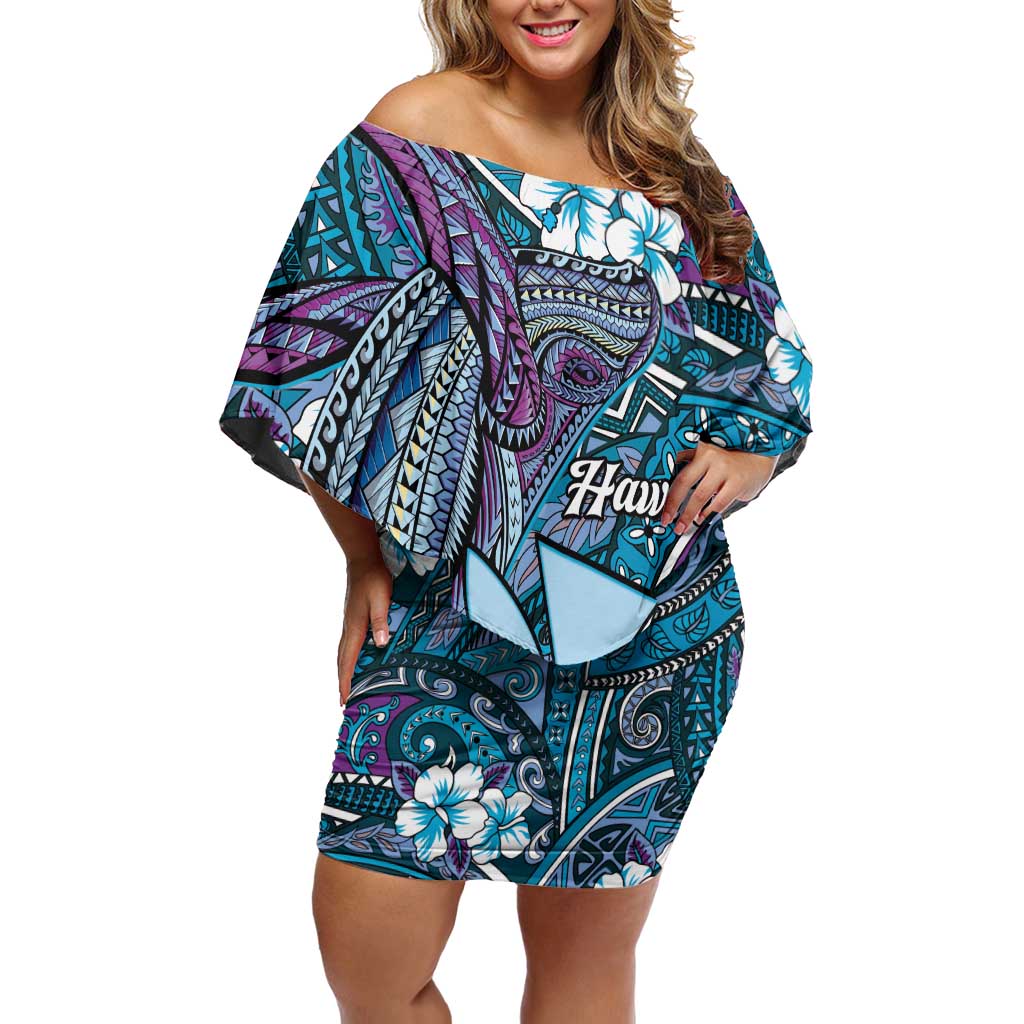 Personalised Hawaii Tribal Humpback Whale Family Matching Off Shoulder Short Dress and Hawaiian Shirt Polu Hibiscus Seamless Pattern