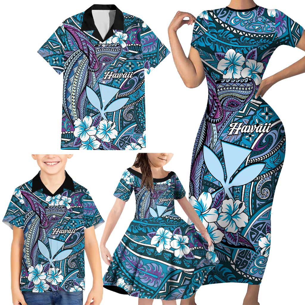 Personalised Hawaii Tribal Humpback Whale Family Matching Short Sleeve Bodycon Dress and Hawaiian Shirt Polu Hibiscus Seamless Pattern