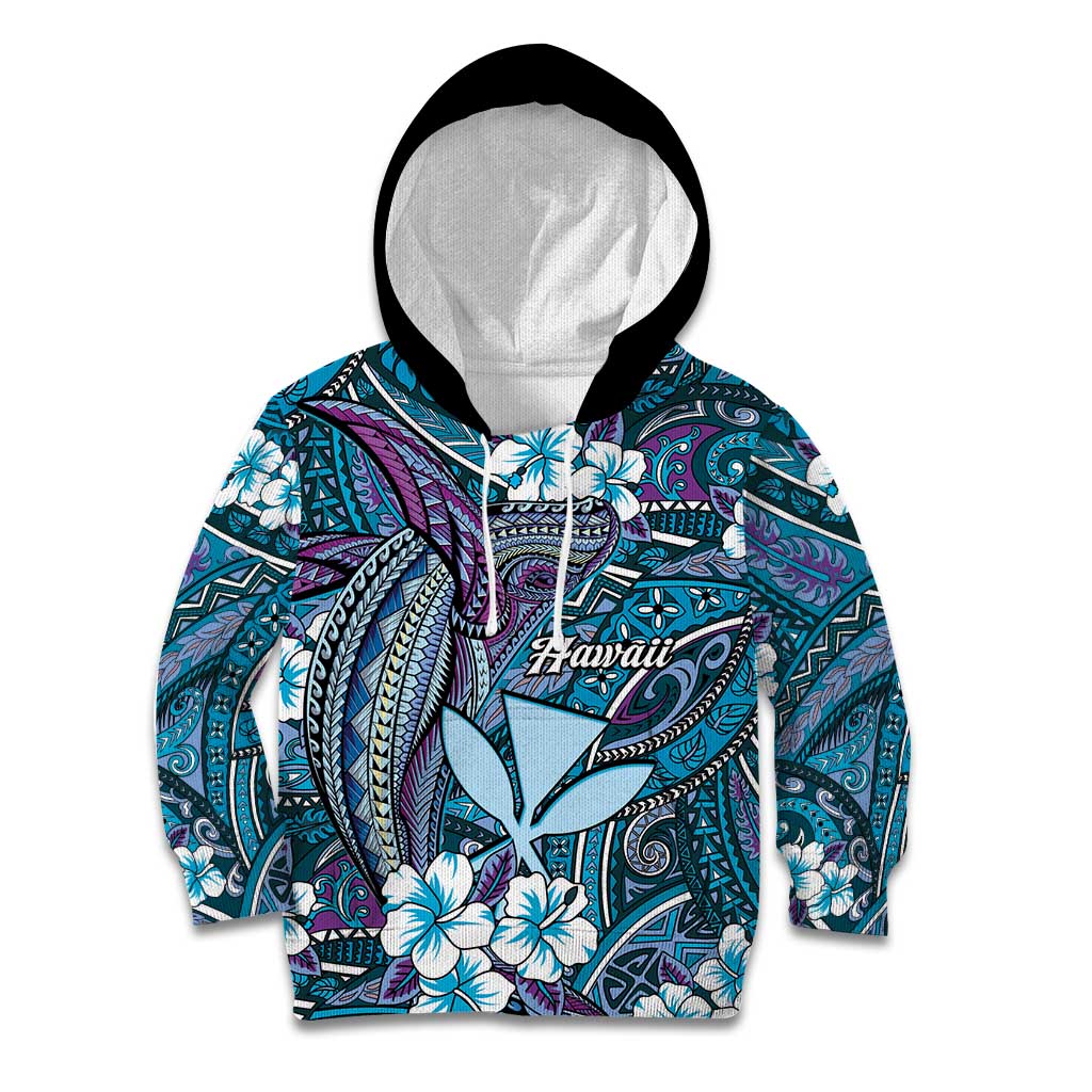Personalised Hawaii Tribal Humpback Whale Kid Hoodie Polu Hibiscus Seamless Pattern LT9 Hoodie Blue - Polynesian Pride