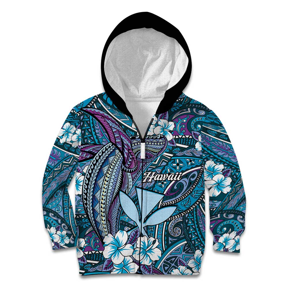 Personalised Hawaii Tribal Humpback Whale Kid Hoodie Polu Hibiscus Seamless Pattern LT9 Zip Hoodie Blue - Polynesian Pride