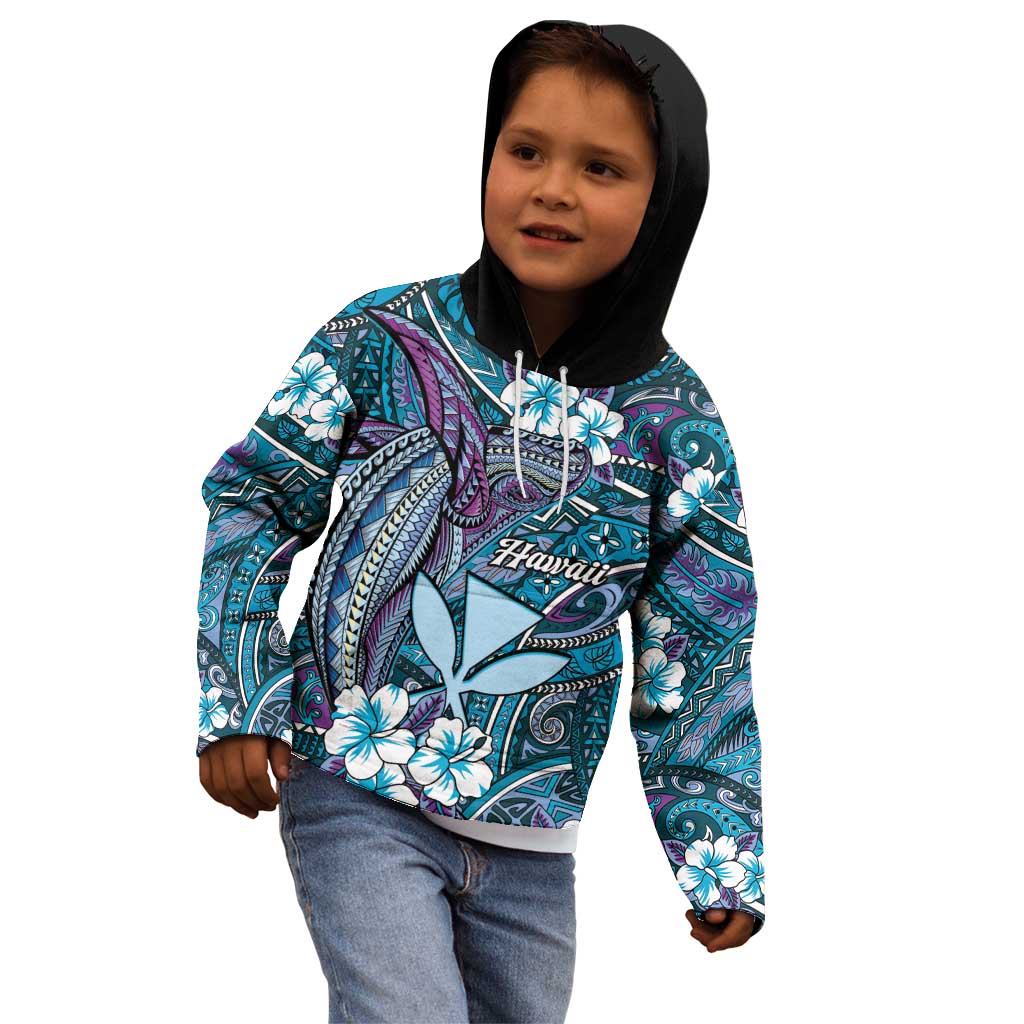 Personalised Hawaii Tribal Humpback Whale Kid Hoodie Polu Hibiscus Seamless Pattern LT9 - Polynesian Pride