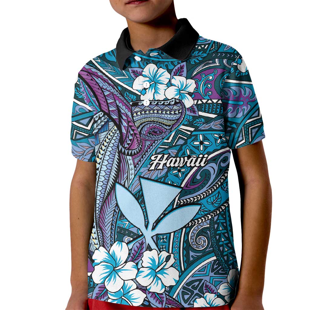 Personalised Hawaii Tribal Humpback Whale Kid Polo Shirt Polu Hibiscus Seamless Pattern LT9 Kid Blue - Polynesian Pride