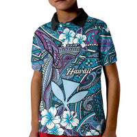 Personalised Hawaii Tribal Humpback Whale Kid Polo Shirt Polu Hibiscus Seamless Pattern LT9 Kid Blue - Polynesian Pride