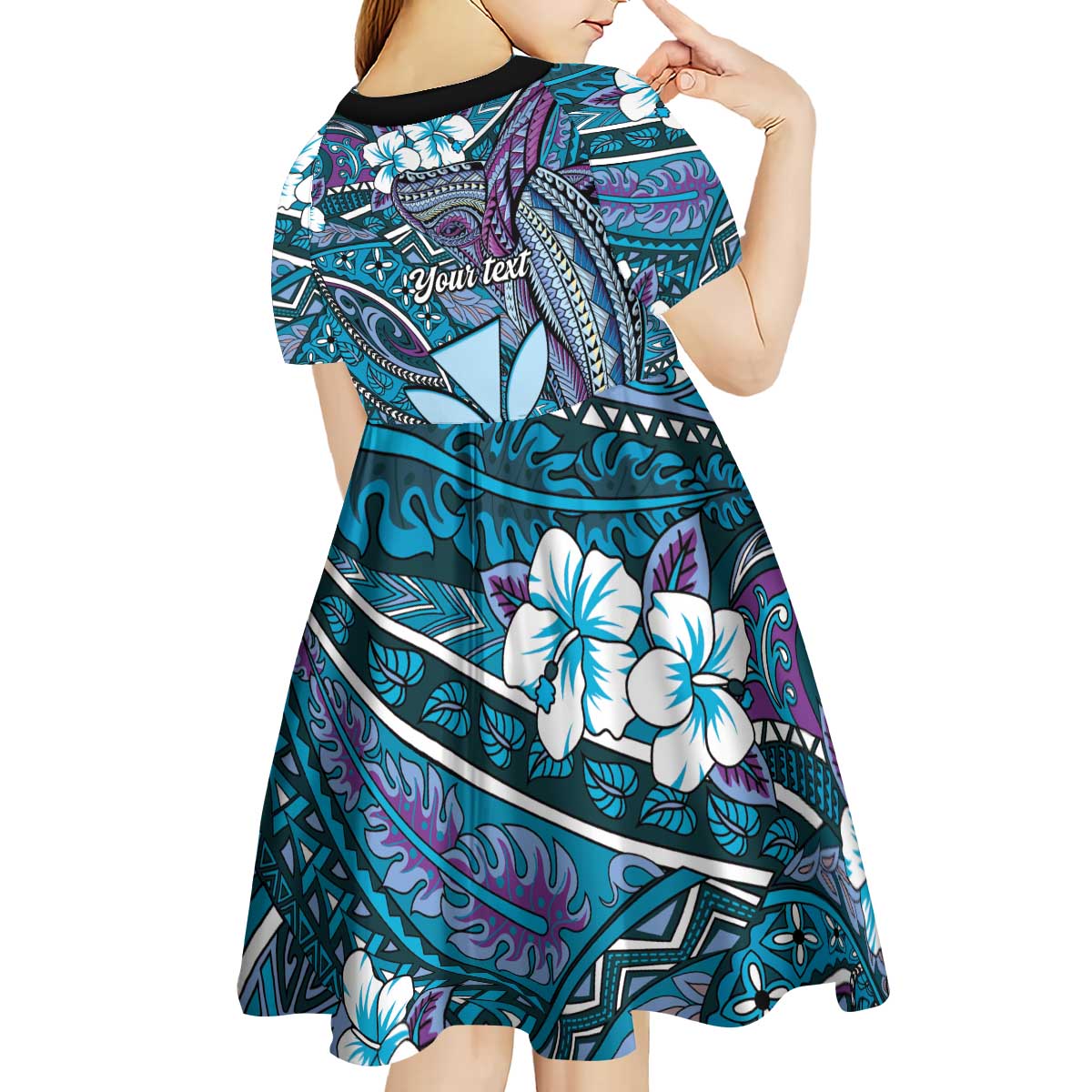 Personalised Hawaii Tribal Humpback Whale Kid Short Sleeve Dress Polu Hibiscus Seamless Pattern
