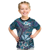 Personalised Hawaii Tribal Humpback Whale Kid T Shirt Polu Hibiscus Seamless Pattern LT9 Blue - Polynesian Pride