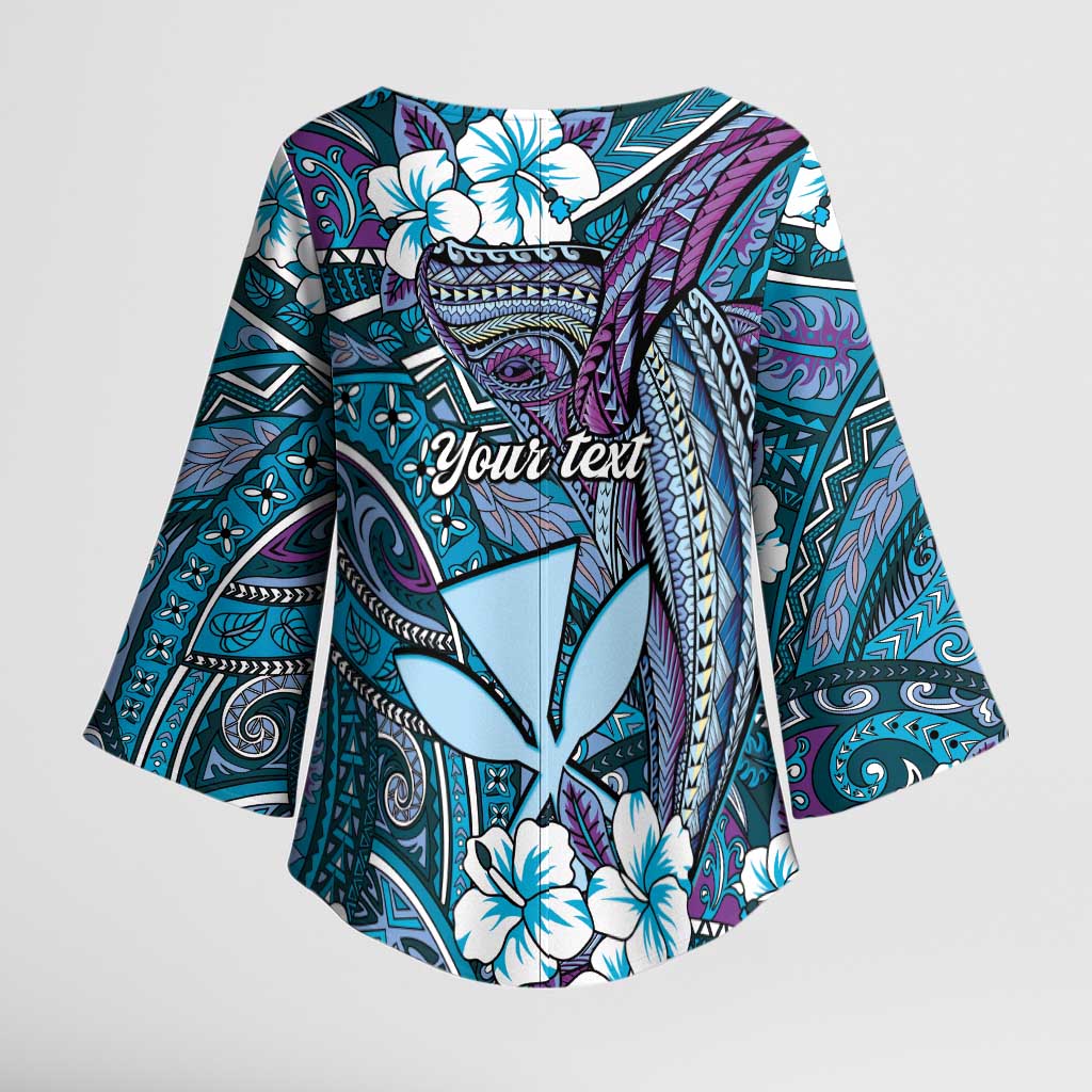 Personalised Hawaii Tribal Humpback Whale Kimono Sleeve Blouse Polu Hibiscus Seamless Pattern