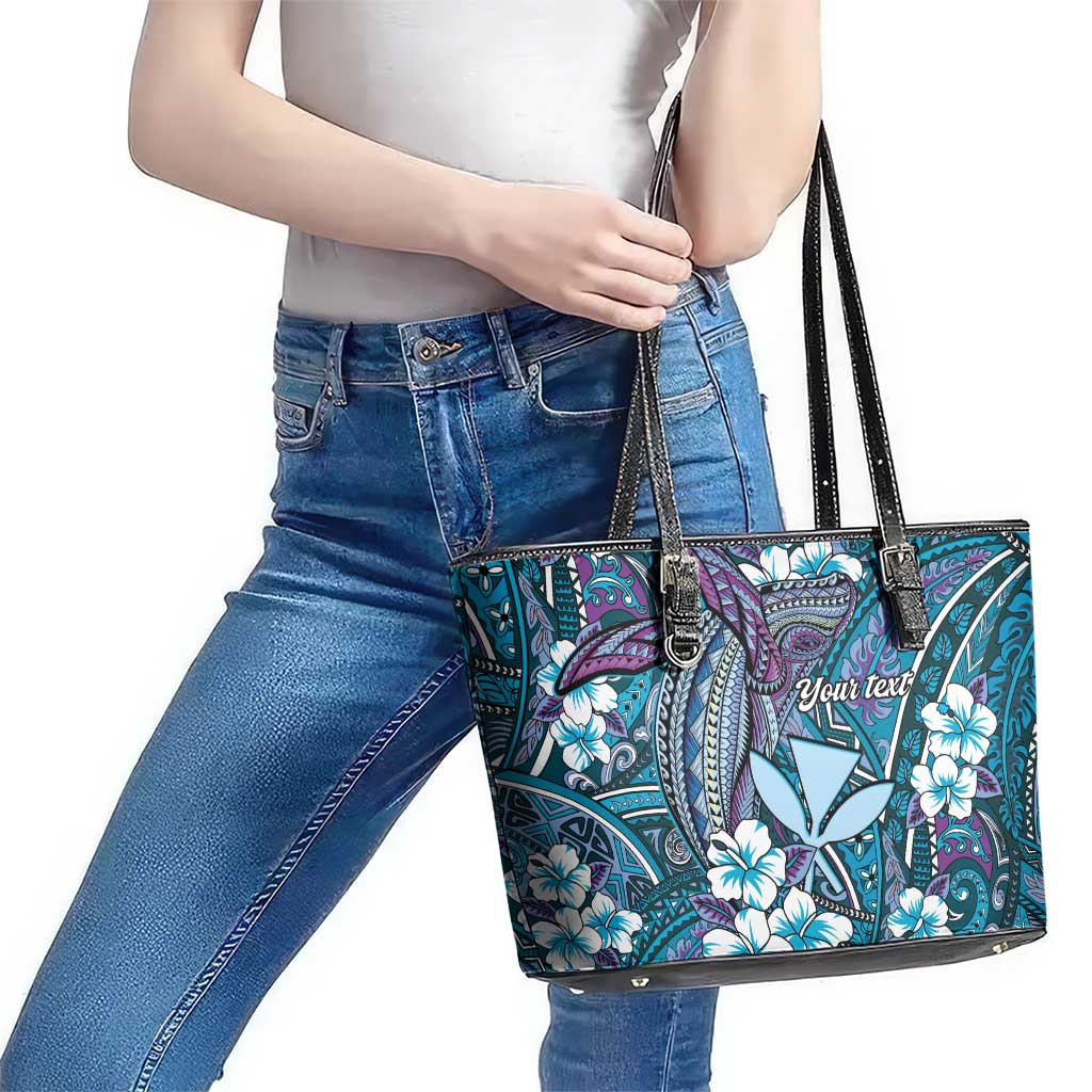 Personalised Hawaii Tribal Humpback Whale Leather Tote Bag Polu Hibiscus Seamless Pattern