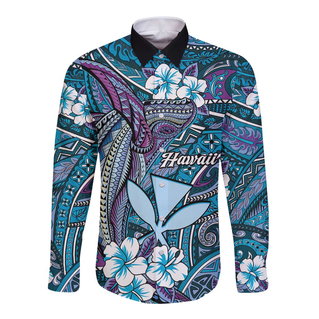 Personalised Hawaii Tribal Humpback Whale Long Sleeve Button Shirt Polu Hibiscus Seamless Pattern