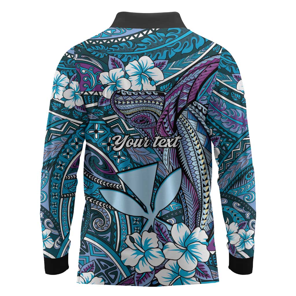 Personalised Hawaii Tribal Humpback Whale Long Sleeve Polo Shirt Polu Hibiscus Seamless Pattern