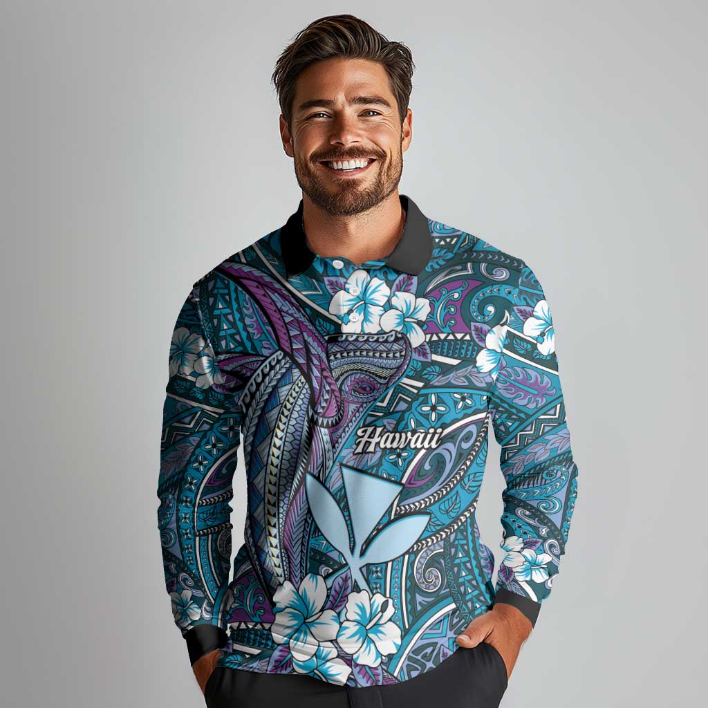 Personalised Hawaii Tribal Humpback Whale Long Sleeve Polo Shirt Polu Hibiscus Seamless Pattern