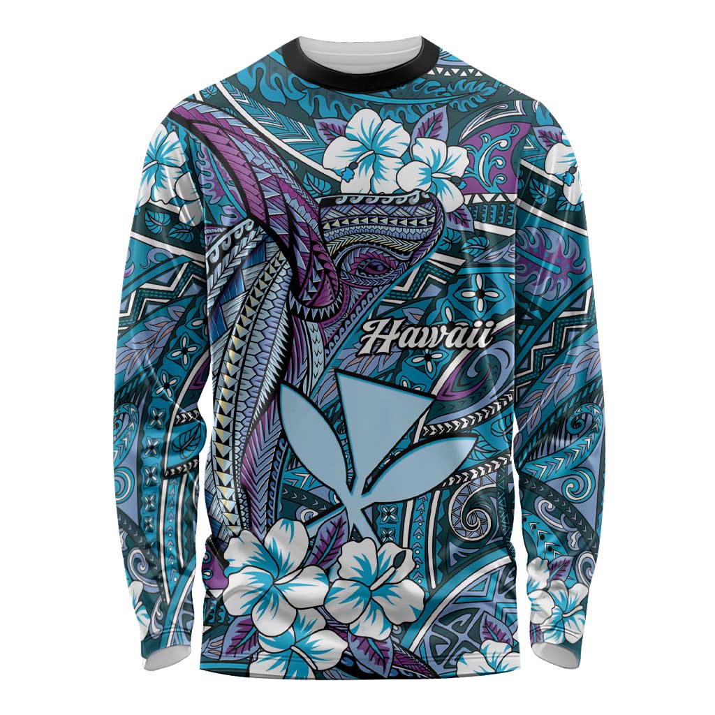 Personalised Hawaii Tribal Humpback Whale Long Sleeve Shirt Polu Hibiscus Seamless Pattern