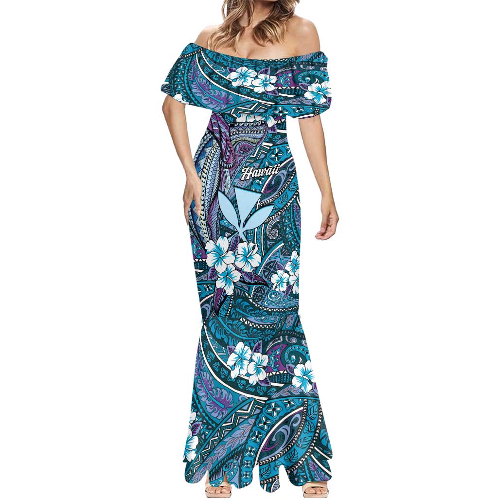 Personalised Hawaii Tribal Humpback Whale Mermaid Dress Polu Hibiscus Seamless Pattern
