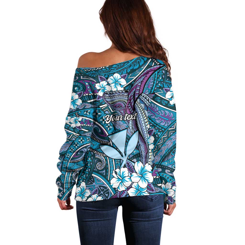 Personalised Hawaii Tribal Humpback Whale Off Shoulder Sweater Polu Hibiscus Seamless Pattern
