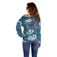 Personalised Hawaii Tribal Humpback Whale Off Shoulder Sweater Polu Hibiscus Seamless Pattern