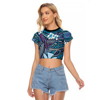 Personalised Hawaii Tribal Humpback Whale Raglan Cropped T Shirt Polu Hibiscus Seamless Pattern
