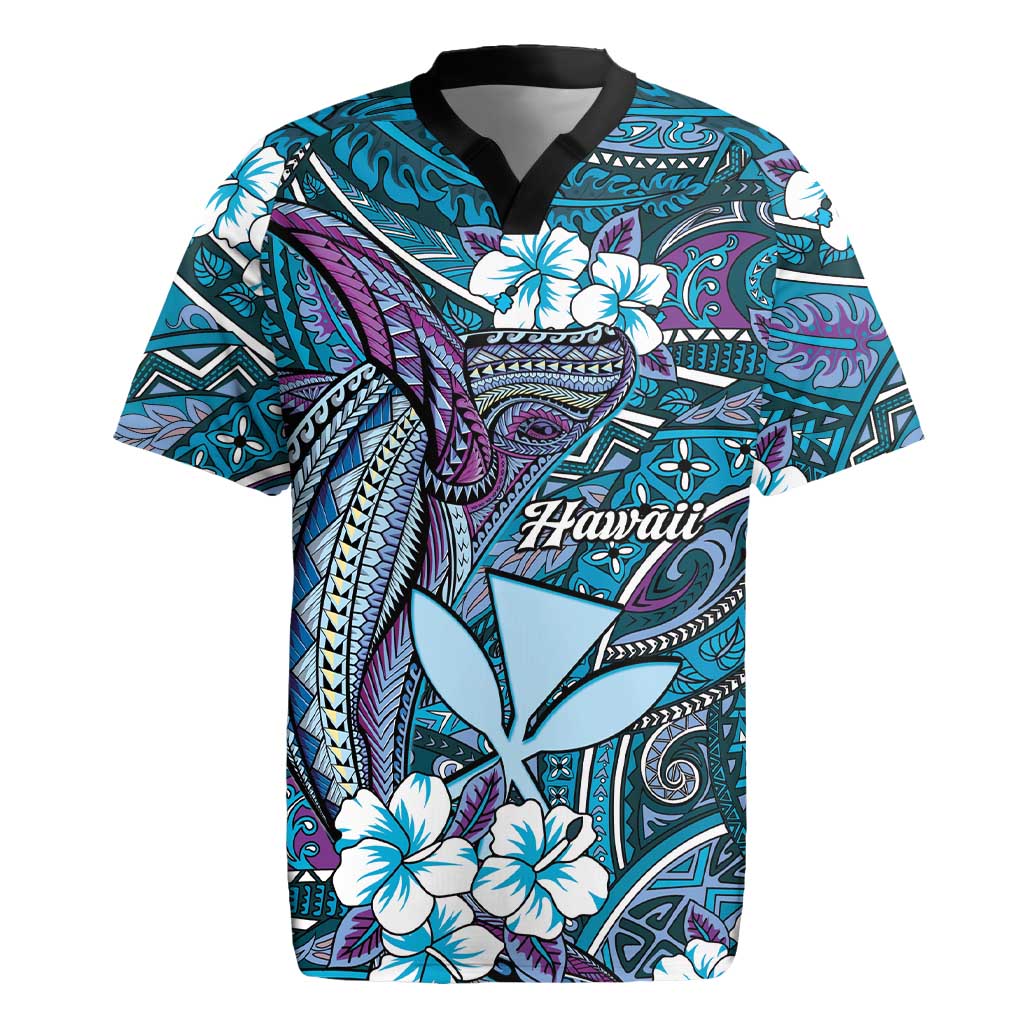 Personalised Hawaii Tribal Humpback Whale Rugby Jersey Polu Hibiscus Seamless Pattern