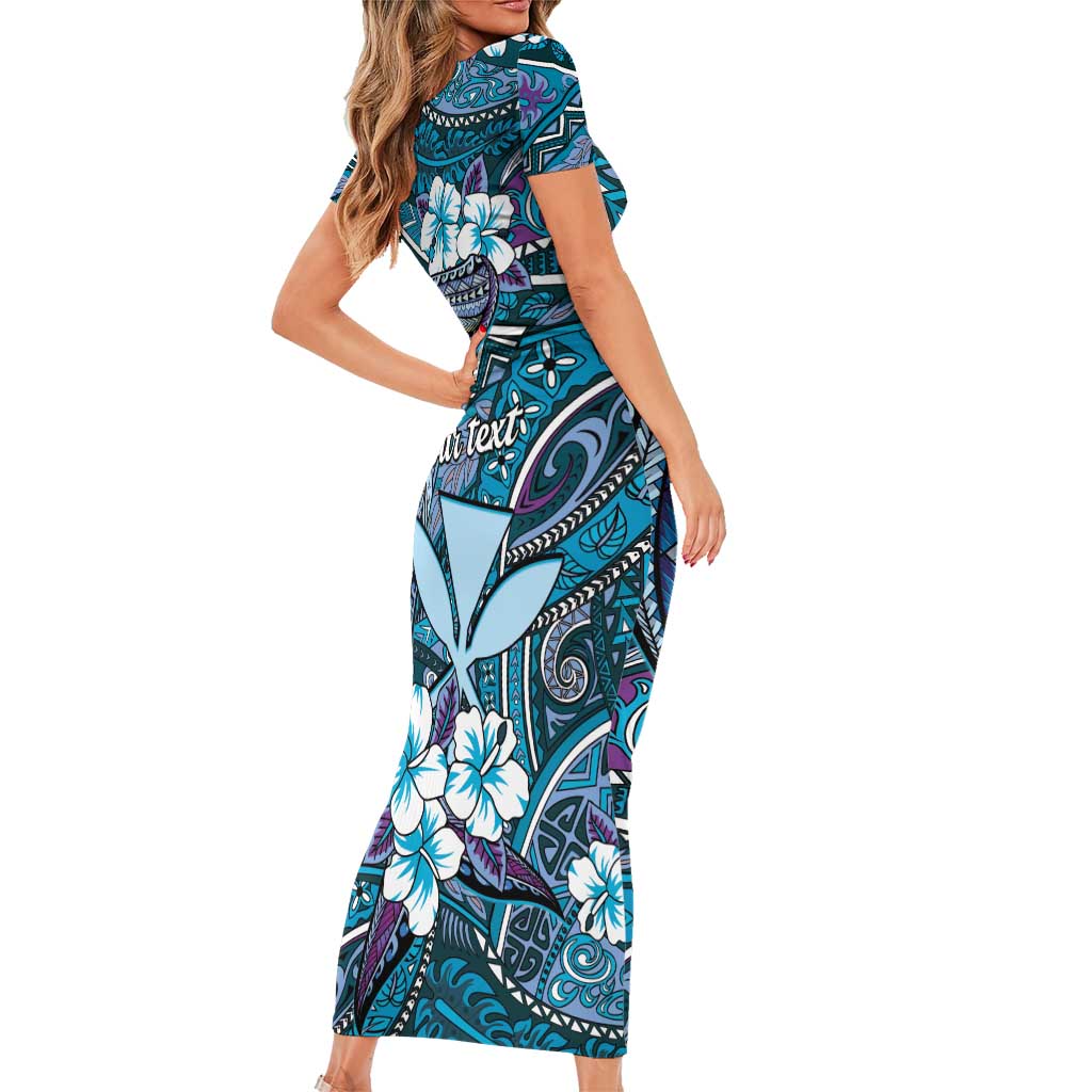 Personalised Hawaii Tribal Humpback Whale Short Sleeve Bodycon Dress Polu Hibiscus Seamless Pattern