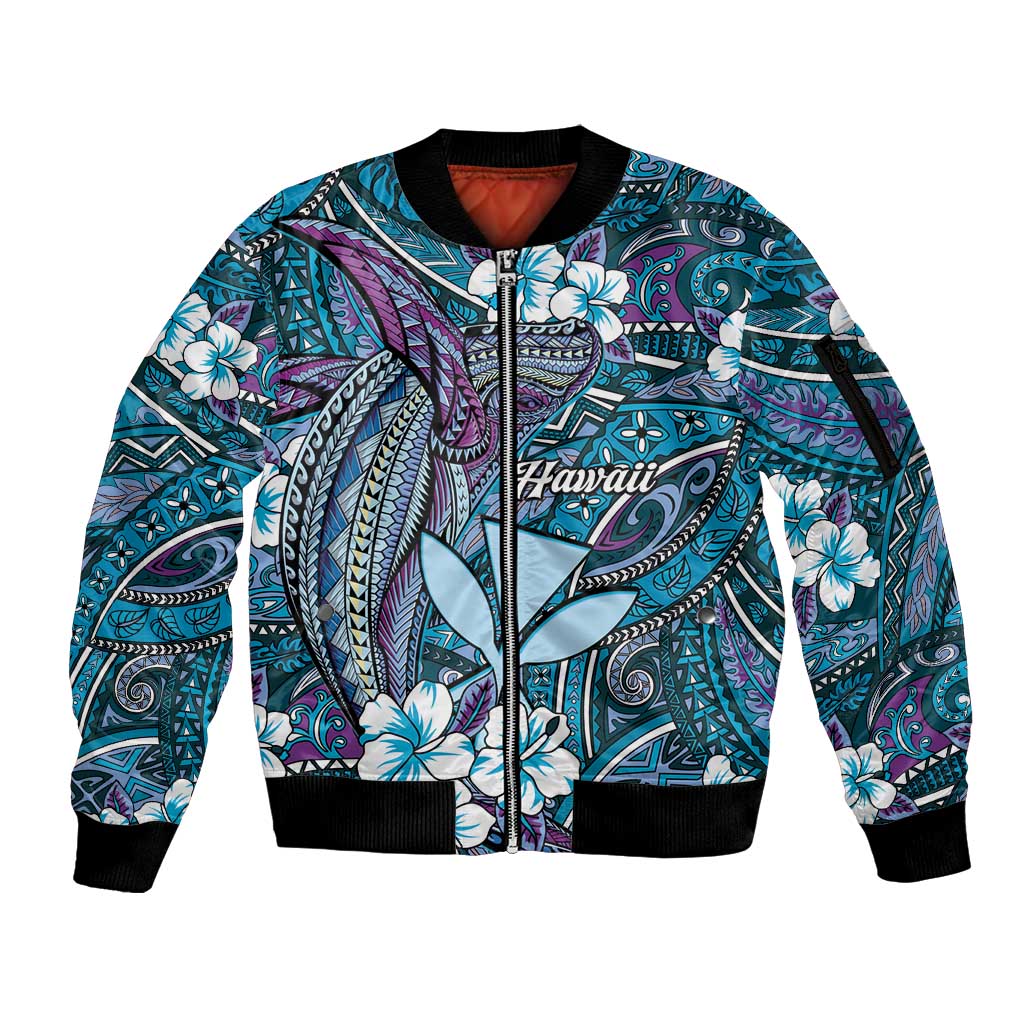 Personalised Hawaii Tribal Humpback Whale Sleeve Zip Bomber Jacket Polu Hibiscus Seamless Pattern